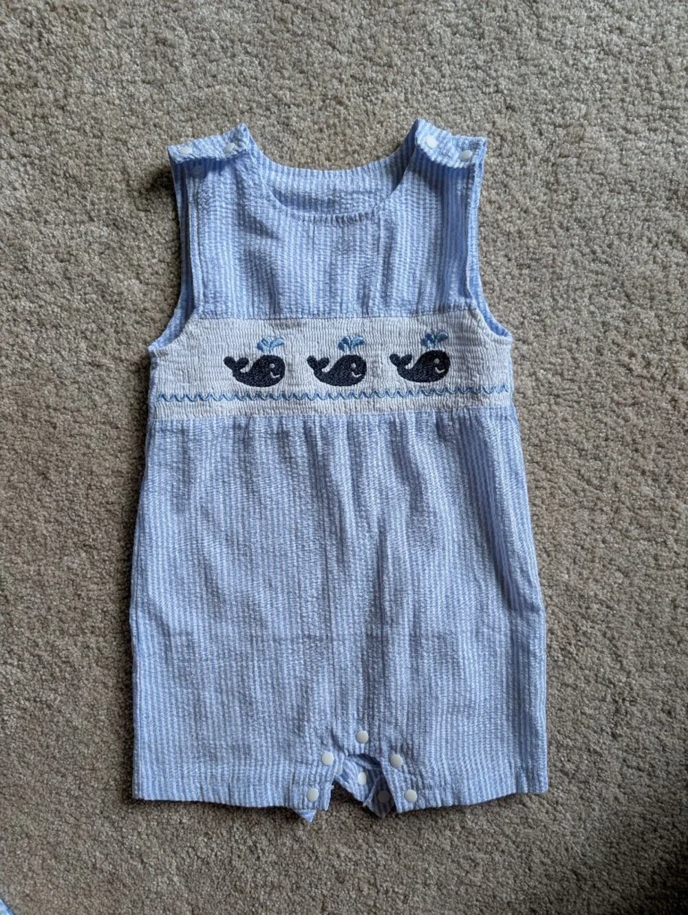 6-12 Month Baby Blue Whale Seersucker Striped Knit Embroiderd Smocked Shortalls